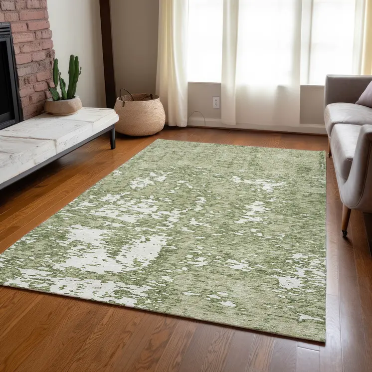 3' X 5' Sage And Ivory Abstract Washable Indoor Outdoor Area Rug