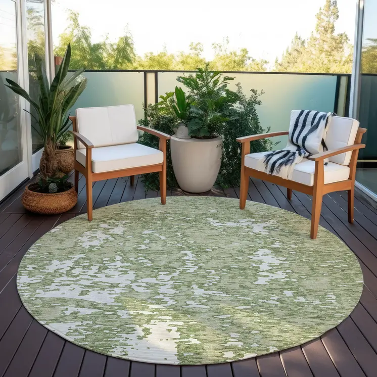 8' Sage And Ivory Round Abstract Washable Indoor Outdoor Area Rug