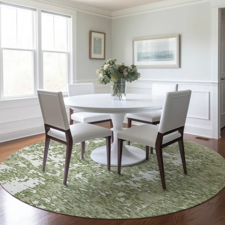 8' Sage And Ivory Round Abstract Washable Indoor Outdoor Area Rug