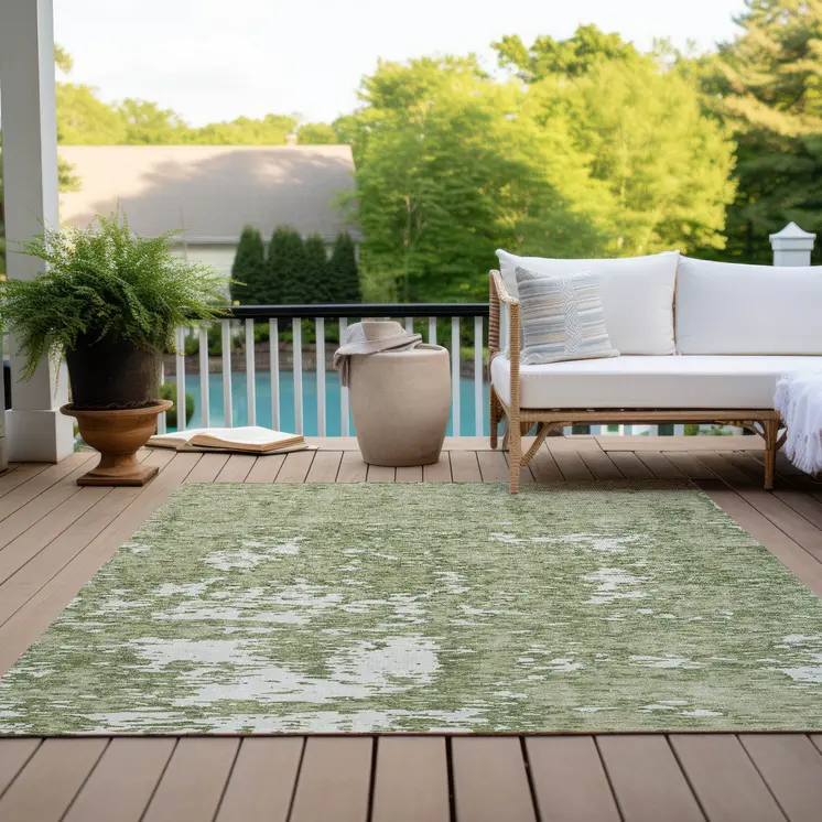 10' X 14' Sage And Ivory Abstract Washable Indoor Outdoor Area Rug