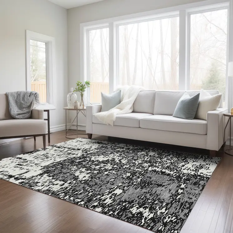 5' X 8' Black And Ivory Abstract Washable Indoor Outdoor Area Rug