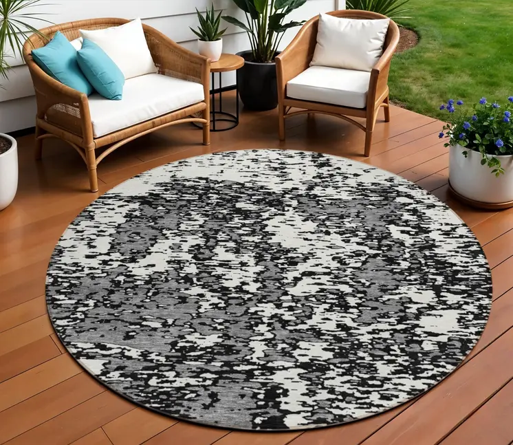 8' Black And Ivory Round Abstract Washable Indoor Outdoor Area Rug
