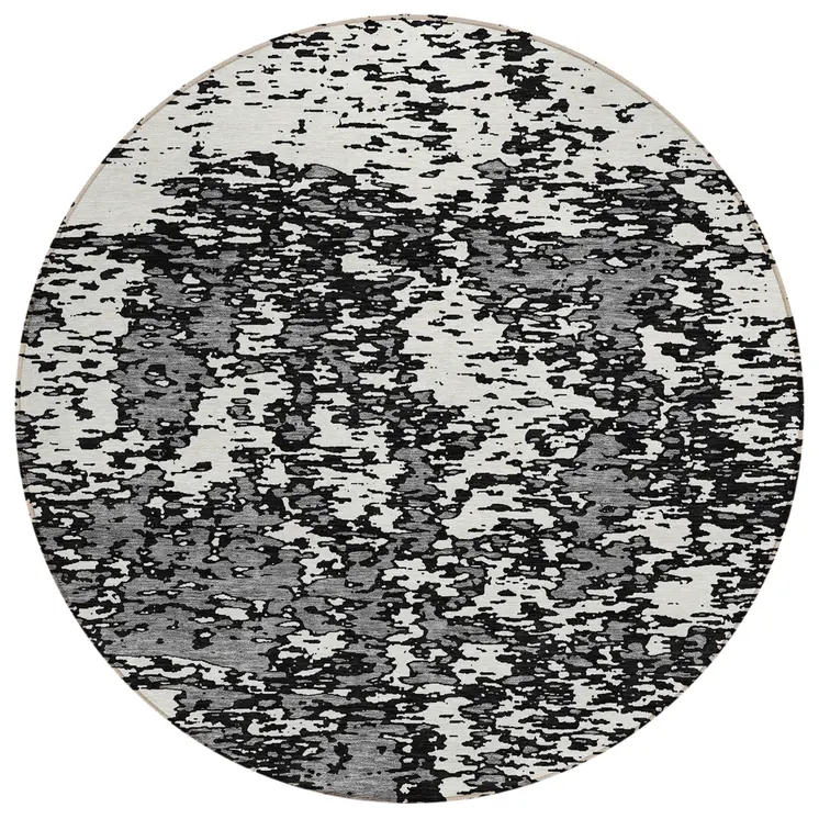 8' Black And Ivory Round Abstract Washable Indoor Outdoor Area Rug