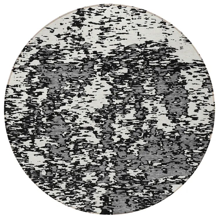 8' Black And Ivory Round Abstract Washable Indoor Outdoor Area Rug
