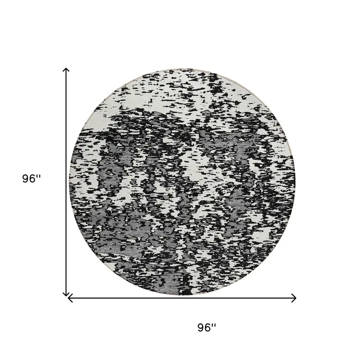 8' Black And Ivory Round Abstract Washable Indoor Outdoor Area Rug