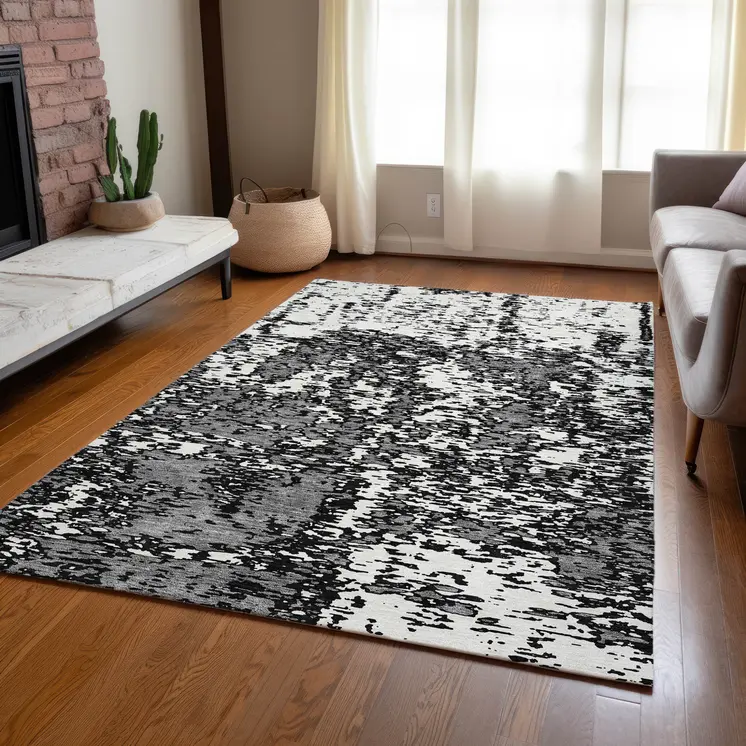 8' X 10' Black And Ivory Abstract Washable Indoor Outdoor Area Rug