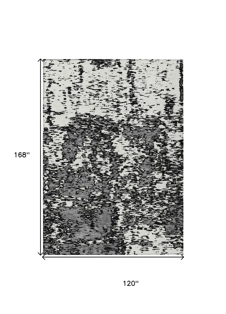 10' X 14' Black And Ivory Abstract Washable Indoor Outdoor Area Rug