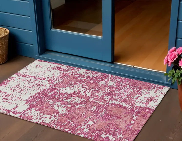 3' X 5' Blush And Ivory Abstract Washable Indoor Outdoor Area Rug