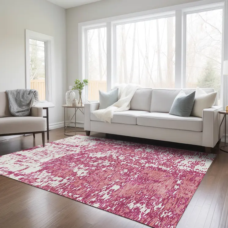 3' X 5' Blush And Ivory Abstract Washable Indoor Outdoor Area Rug