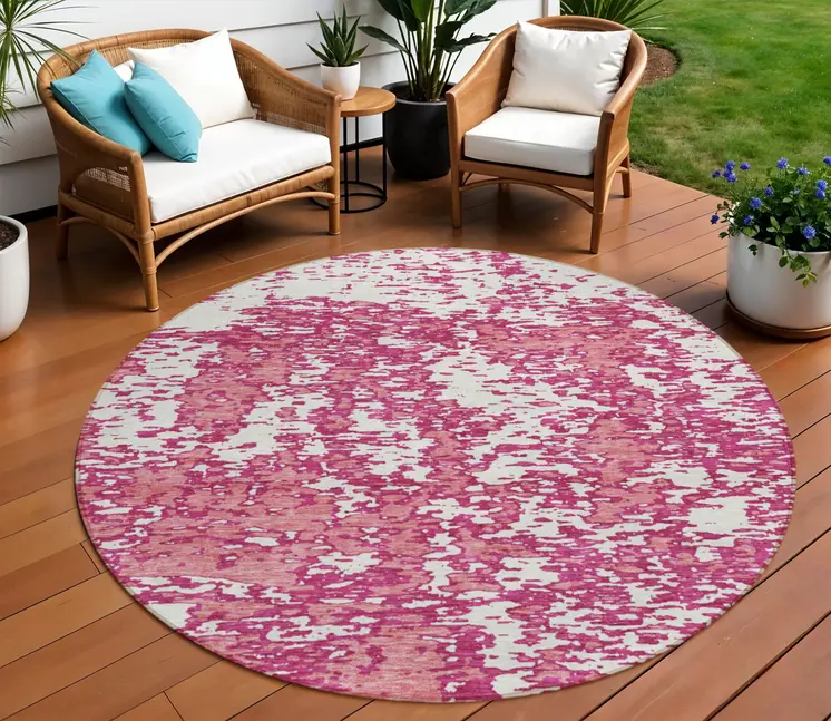 8' Blush And Ivory Round Abstract Washable Indoor Outdoor Area Rug