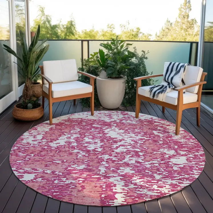 8' Blush And Ivory Round Abstract Washable Indoor Outdoor Area Rug