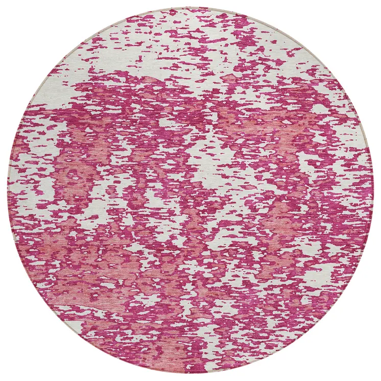 8' Blush And Ivory Round Abstract Washable Indoor Outdoor Area Rug