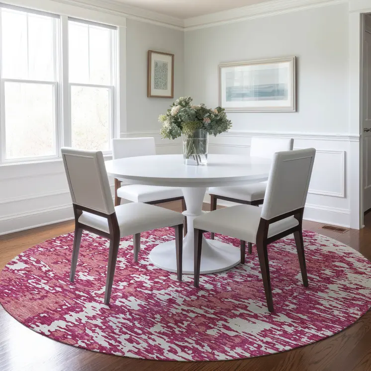 8' Blush And Ivory Round Abstract Washable Indoor Outdoor Area Rug