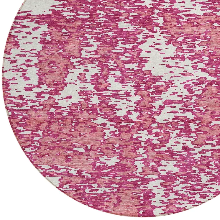 8' Blush And Ivory Round Abstract Washable Indoor Outdoor Area Rug