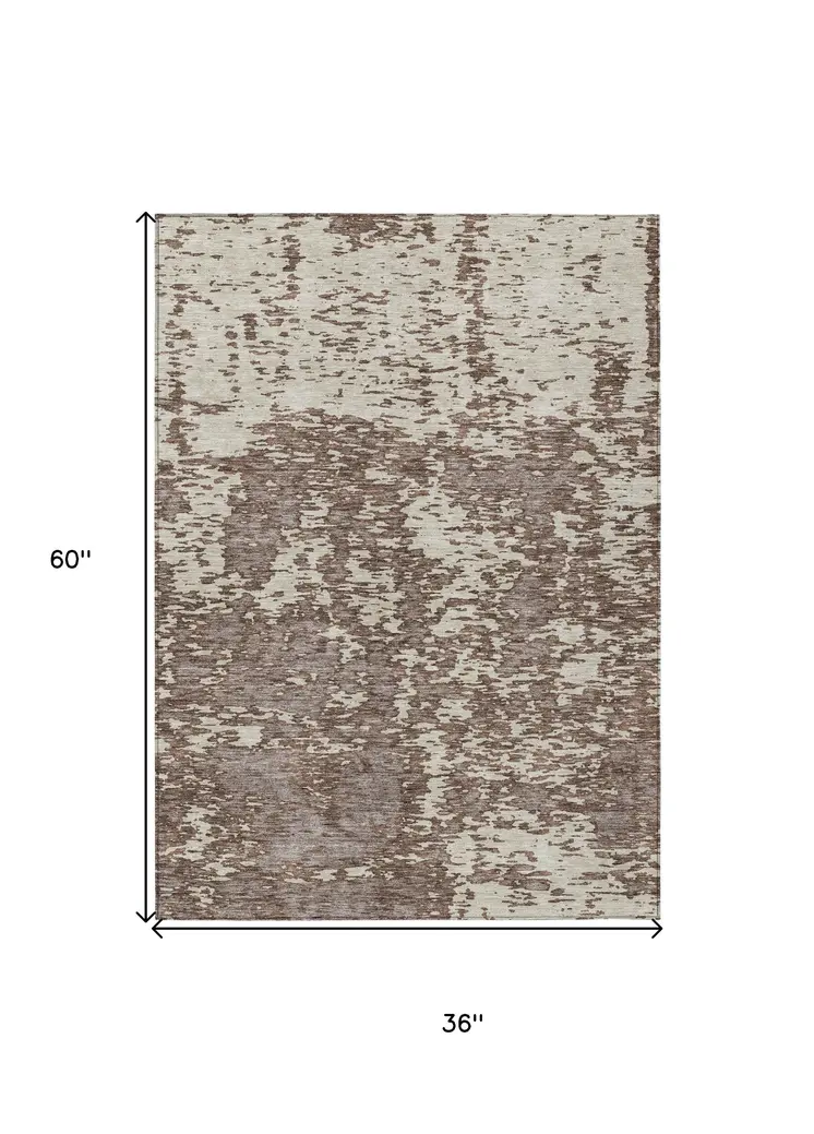 3' X 5' Brown And Ivory Abstract Washable Indoor Outdoor Area Rug