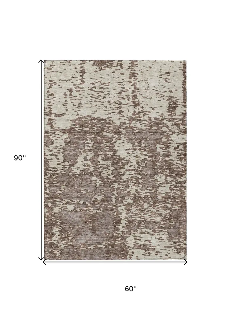 5' X 8' Brown And Ivory Abstract Washable Indoor Outdoor Area Rug