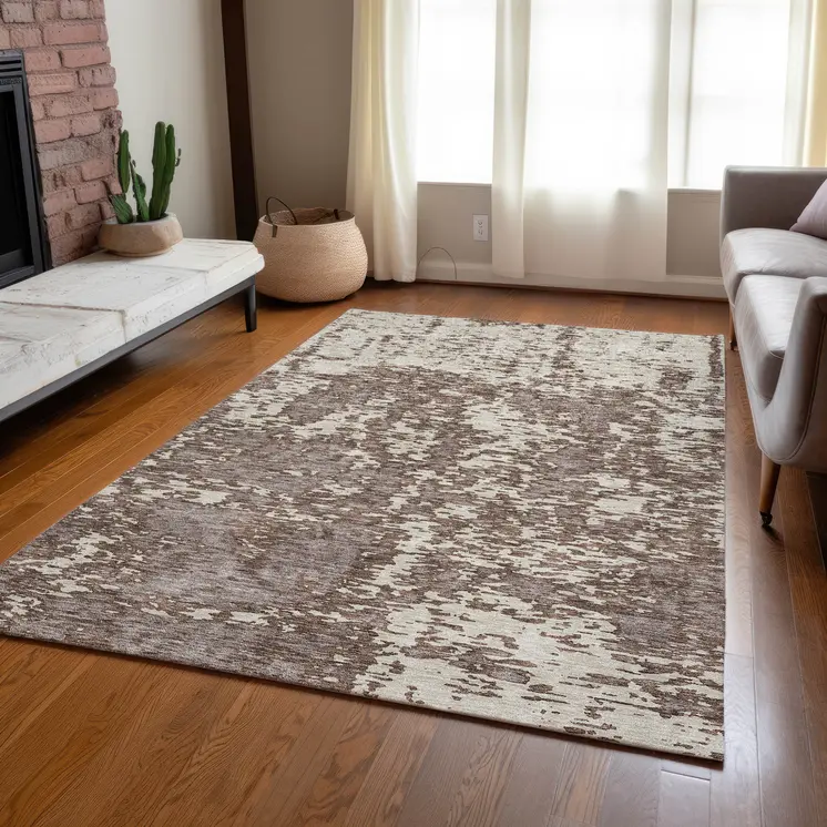 5' X 8' Brown And Ivory Abstract Washable Indoor Outdoor Area Rug