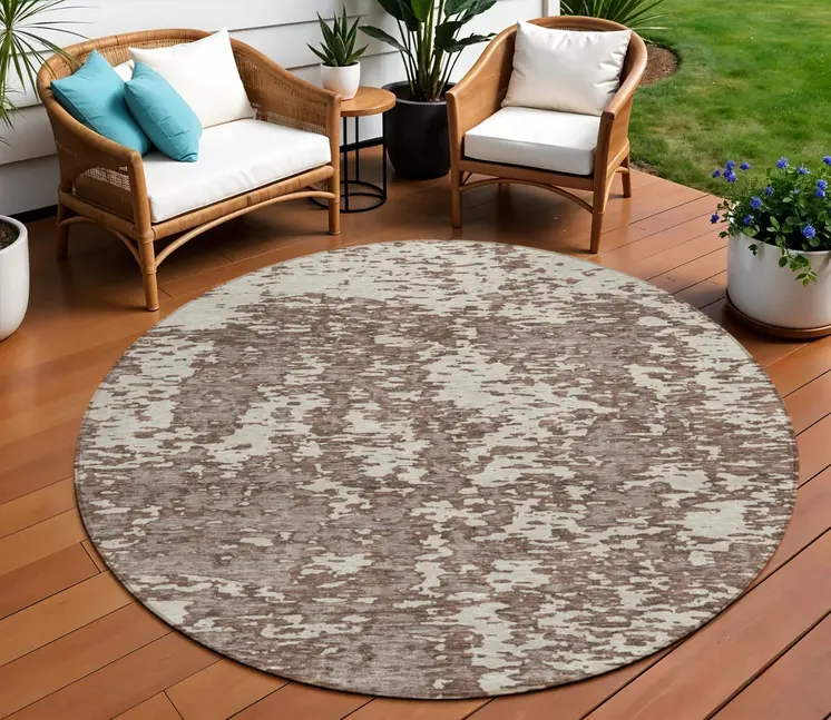 8' Brown And Ivory Round Abstract Washable Indoor Outdoor Area Rug