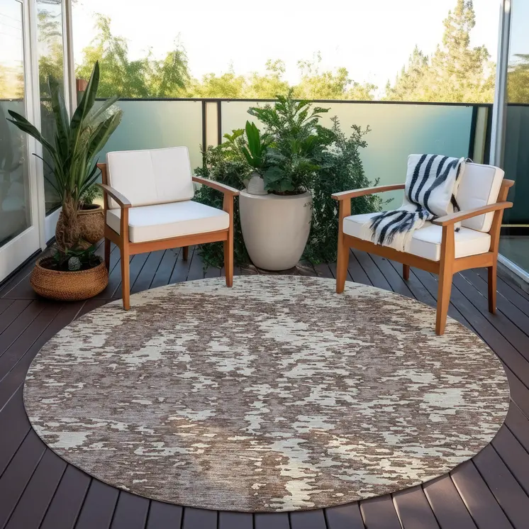 8' Brown And Ivory Round Abstract Washable Indoor Outdoor Area Rug
