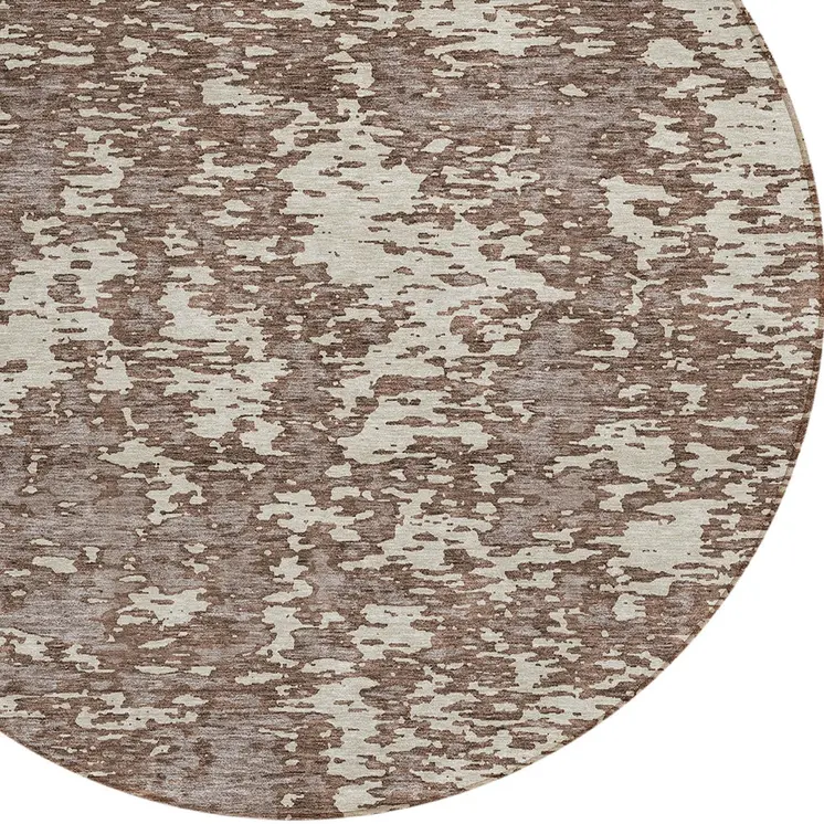 8' Brown And Ivory Round Abstract Washable Indoor Outdoor Area Rug