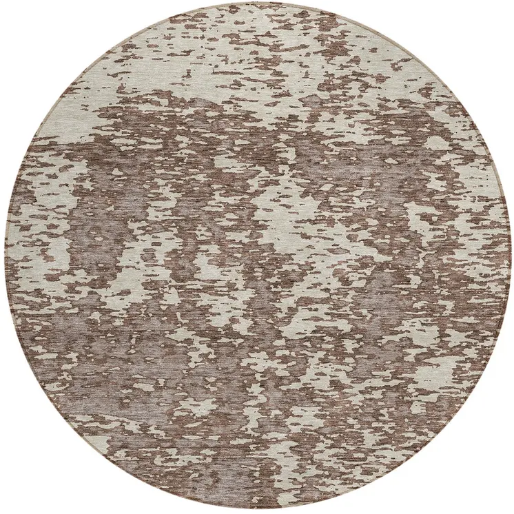 8' Brown And Ivory Round Abstract Washable Indoor Outdoor Area Rug
