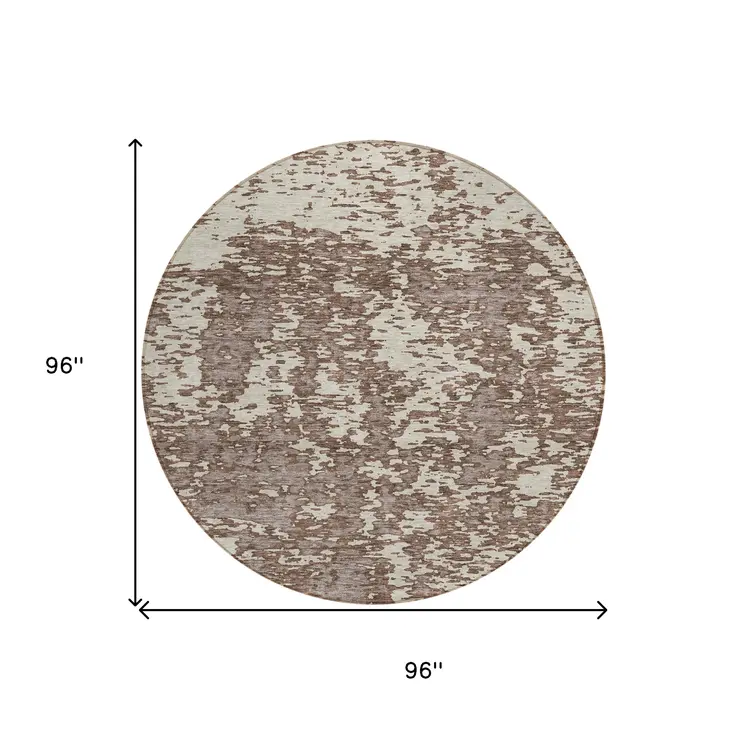 8' Brown And Ivory Round Abstract Washable Indoor Outdoor Area Rug