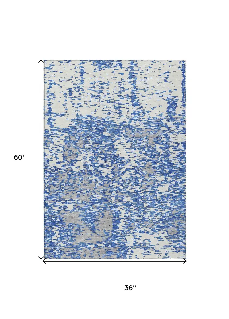 3' X 5' Blue And Ivory Abstract Washable Indoor Outdoor Area Rug