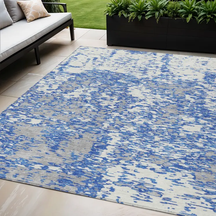 5' X 8' Blue And Ivory Abstract Washable Indoor Outdoor Area Rug