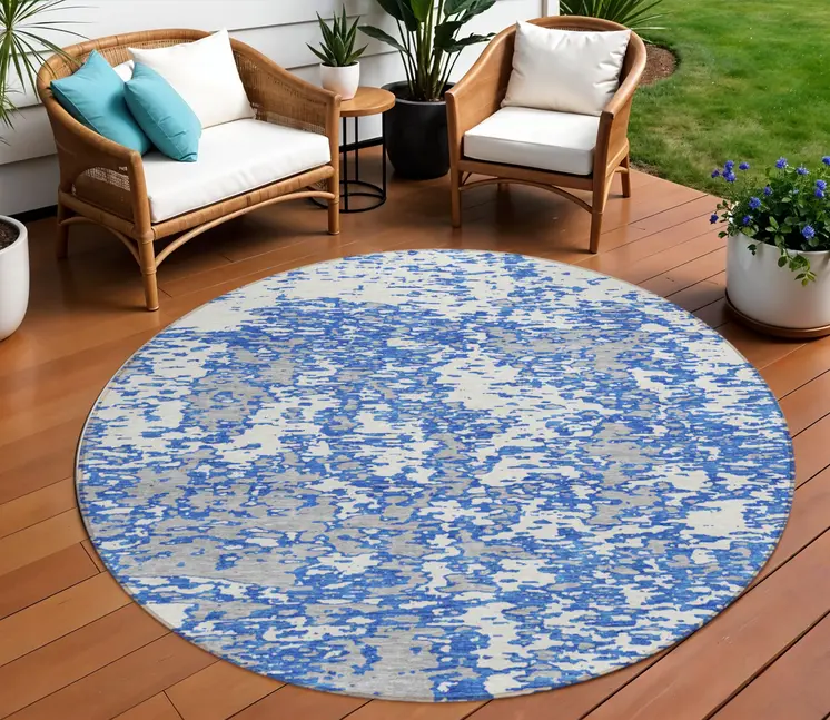 8' Blue And Ivory Round Abstract Washable Indoor Outdoor Area Rug