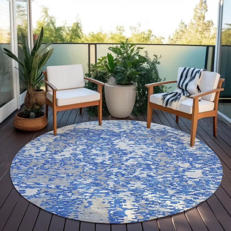 8' Blue And Ivory Round Abstract Washable Indoor Outdoor Area Rug