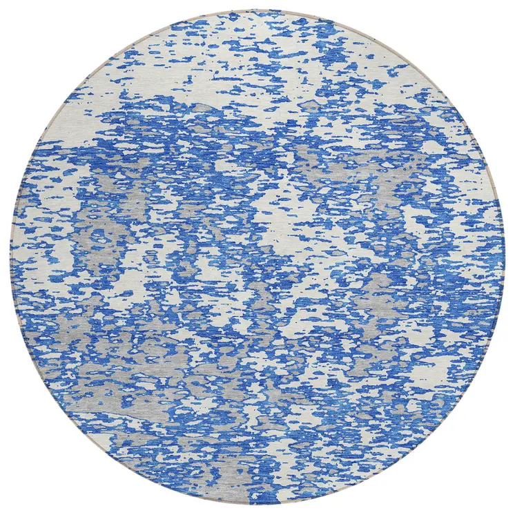 8' Blue And Ivory Round Abstract Washable Indoor Outdoor Area Rug