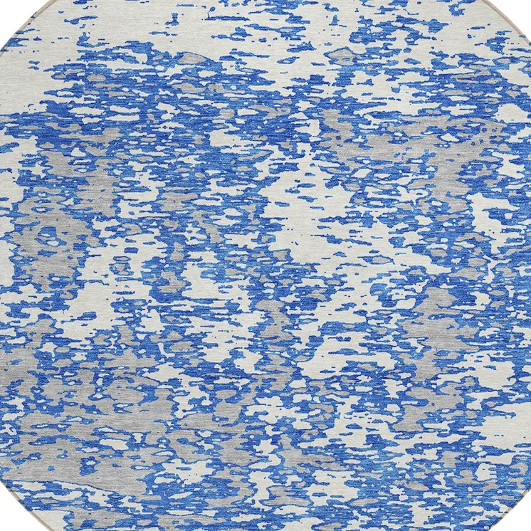 8' Blue And Ivory Round Abstract Washable Indoor Outdoor Area Rug