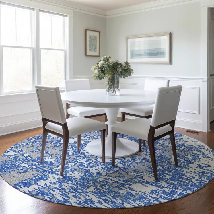 8' Blue And Ivory Round Abstract Washable Indoor Outdoor Area Rug