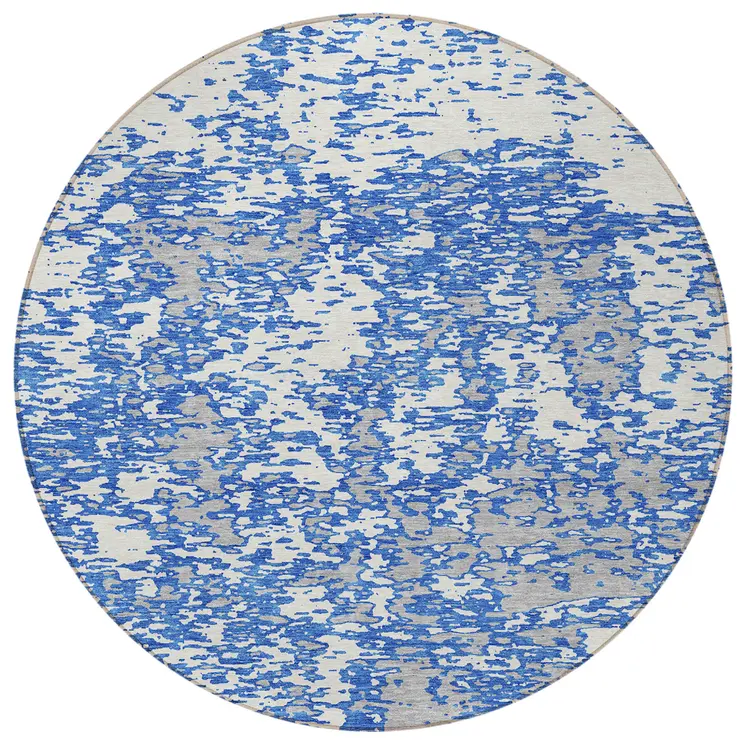 8' Blue And Ivory Round Abstract Washable Indoor Outdoor Area Rug
