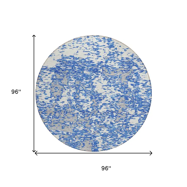 8' Blue And Ivory Round Abstract Washable Indoor Outdoor Area Rug