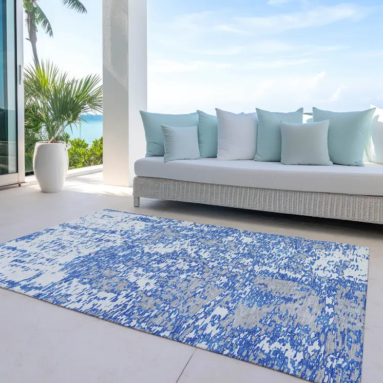 8' X 10' Blue And Ivory Abstract Washable Indoor Outdoor Area Rug