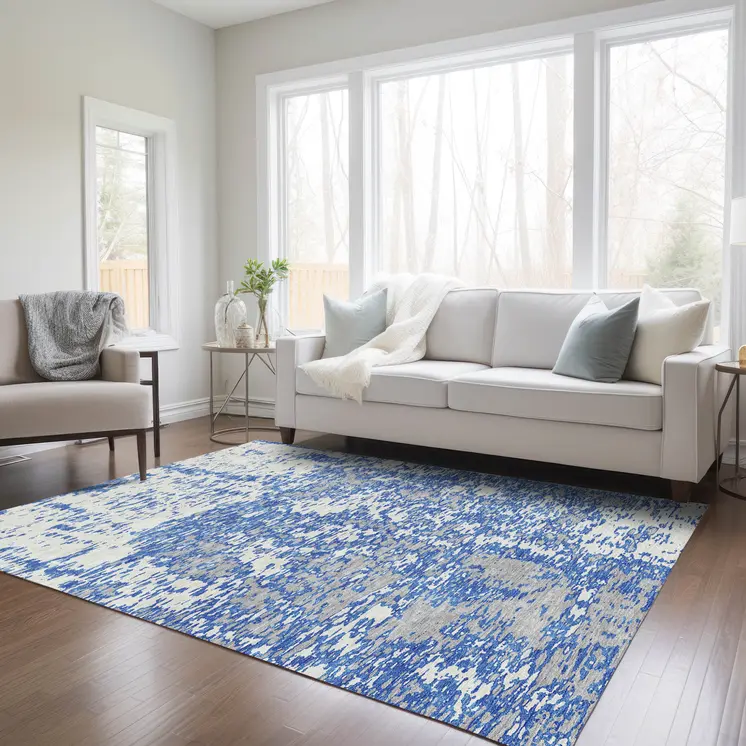 8' X 10' Blue And Ivory Abstract Washable Indoor Outdoor Area Rug