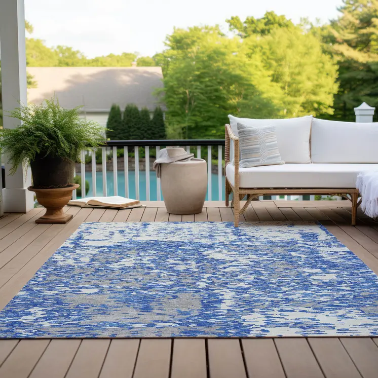 9' X 12' Blue And Ivory Abstract Washable Indoor Outdoor Area Rug