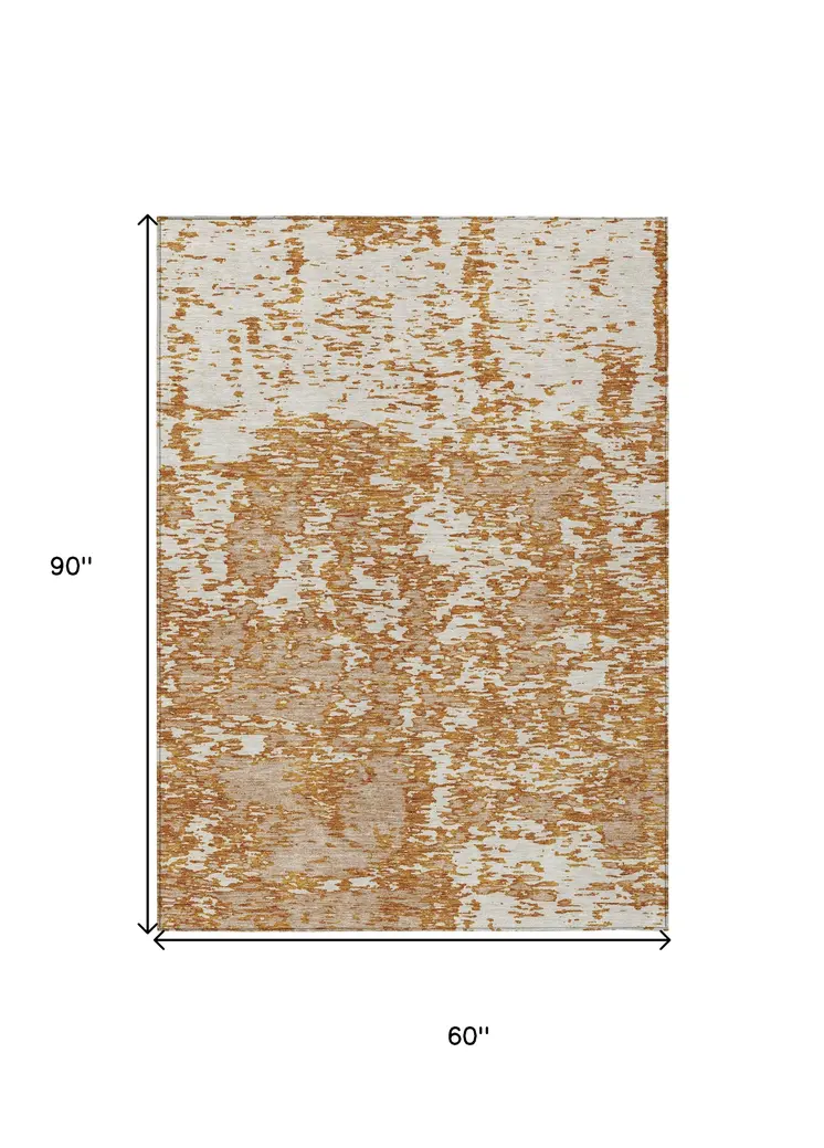 5' X 8' Copper And Ivory Abstract Washable Indoor Outdoor Area Rug