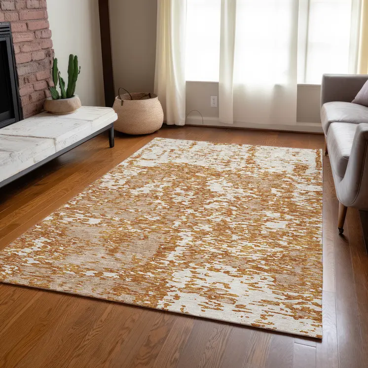 5' X 8' Copper And Ivory Abstract Washable Indoor Outdoor Area Rug