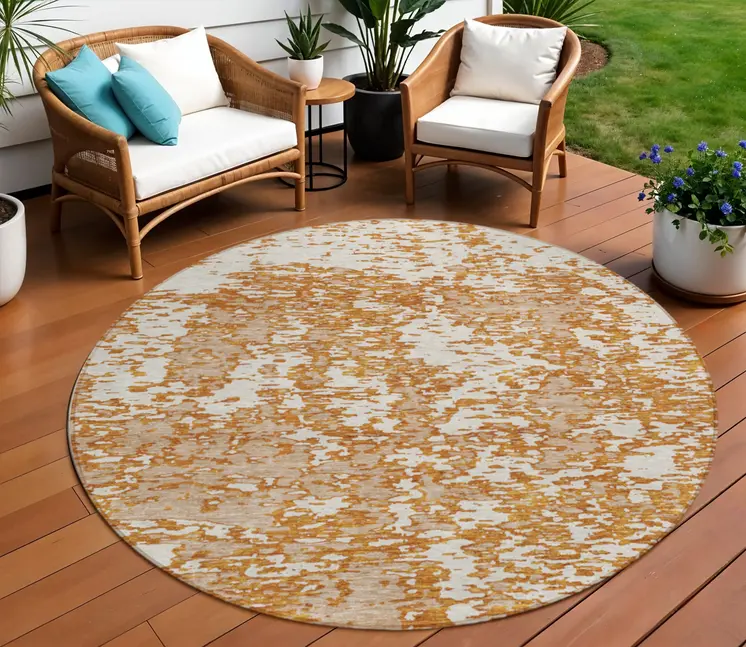 8' Copper And Ivory Round Abstract Washable Indoor Outdoor Area Rug