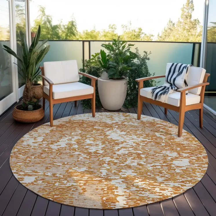 8' Copper And Ivory Round Abstract Washable Indoor Outdoor Area Rug