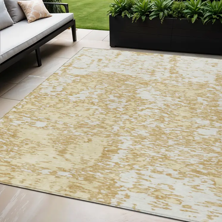 5' X 8' Gold And Ivory Abstract Washable Indoor Outdoor Area Rug