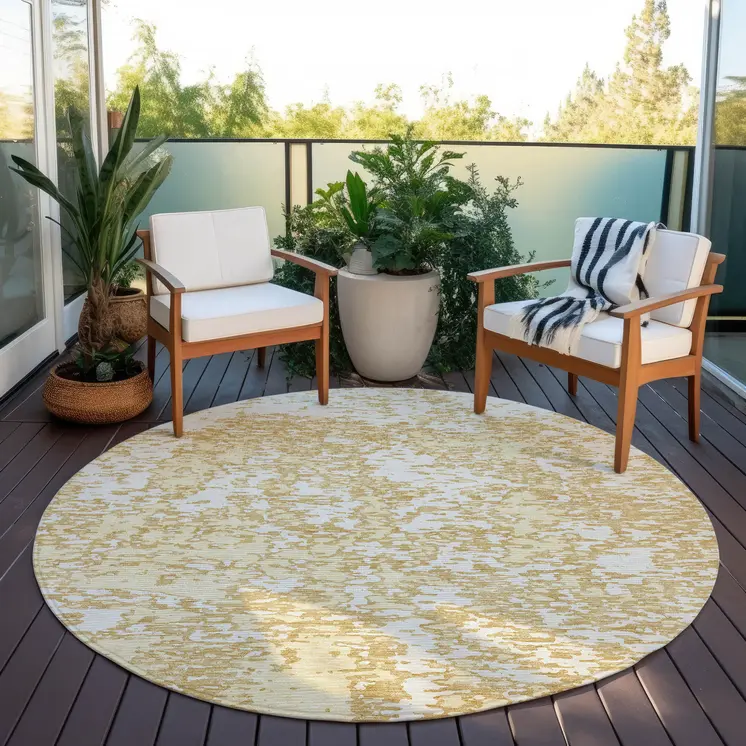 8' Gold And Ivory Round Abstract Washable Indoor Outdoor Area Rug