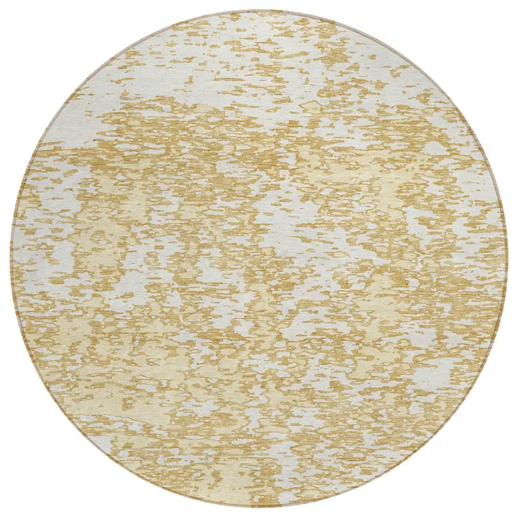 8' Gold And Ivory Round Abstract Washable Indoor Outdoor Area Rug