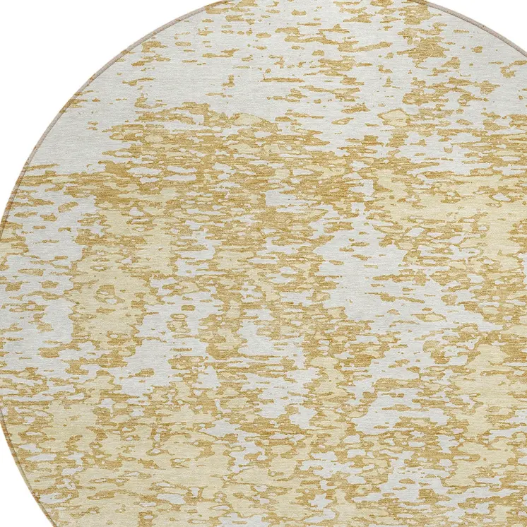 8' Gold And Ivory Round Abstract Washable Indoor Outdoor Area Rug