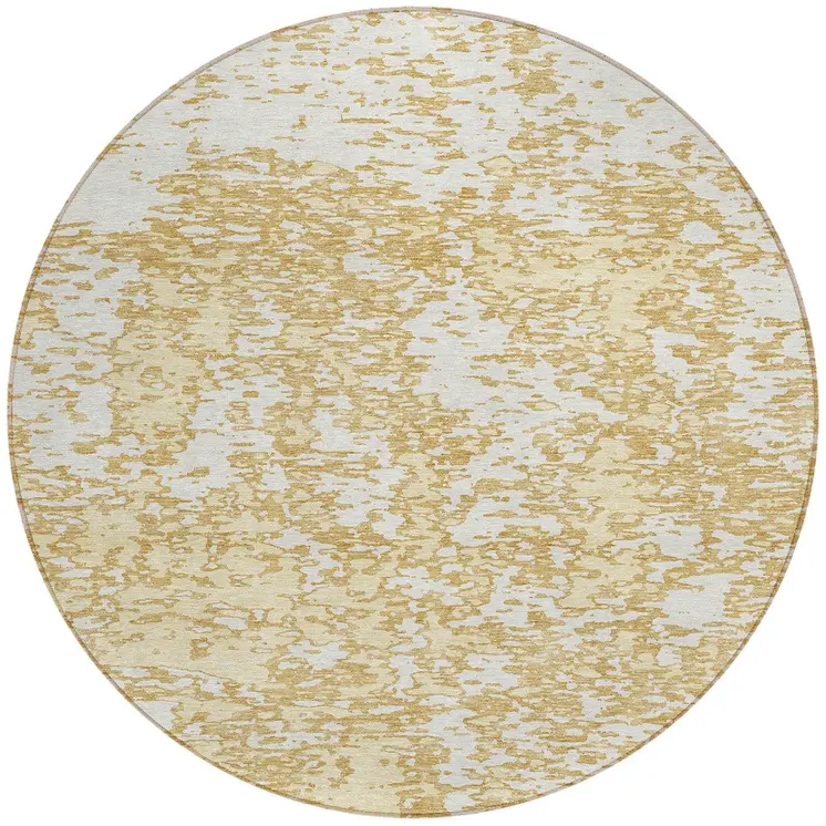 8' Gold And Ivory Round Abstract Washable Indoor Outdoor Area Rug