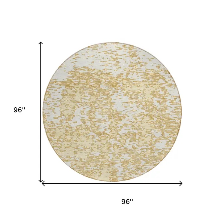 8' Gold And Ivory Round Abstract Washable Indoor Outdoor Area Rug