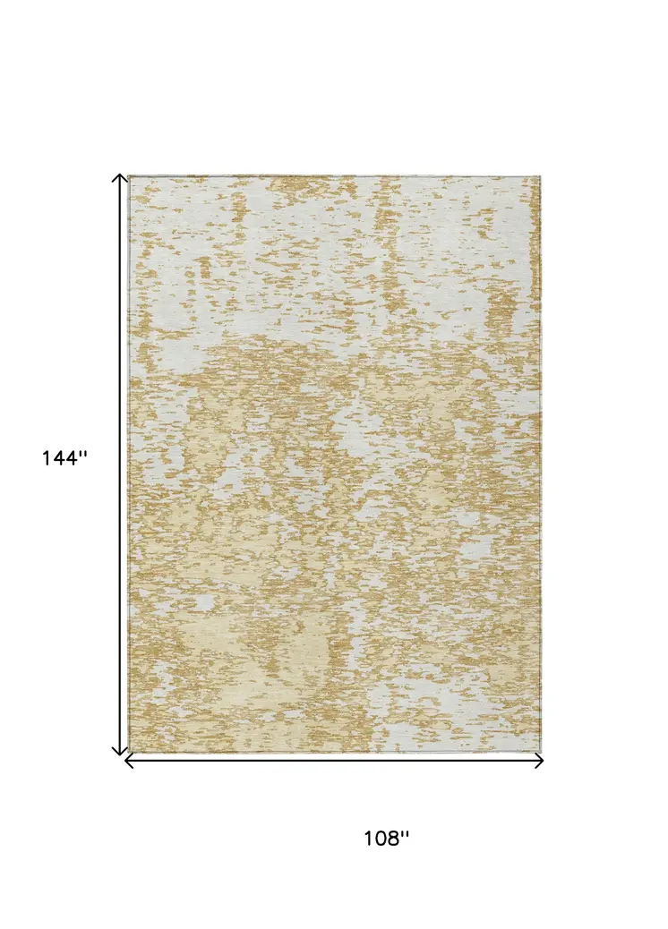 9' X 12' Gold And Ivory Abstract Washable Indoor Outdoor Area Rug