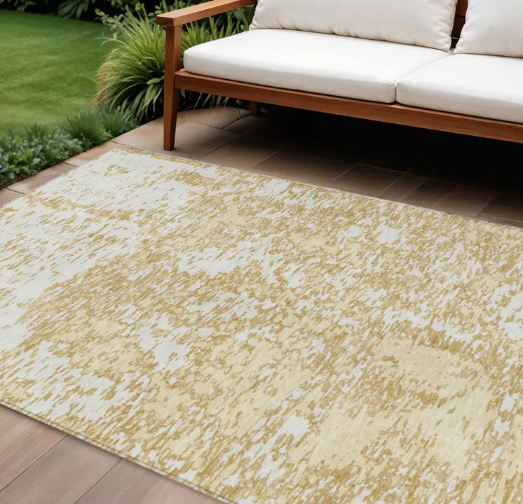 9' X 12' Gold And Ivory Abstract Washable Indoor Outdoor Area Rug